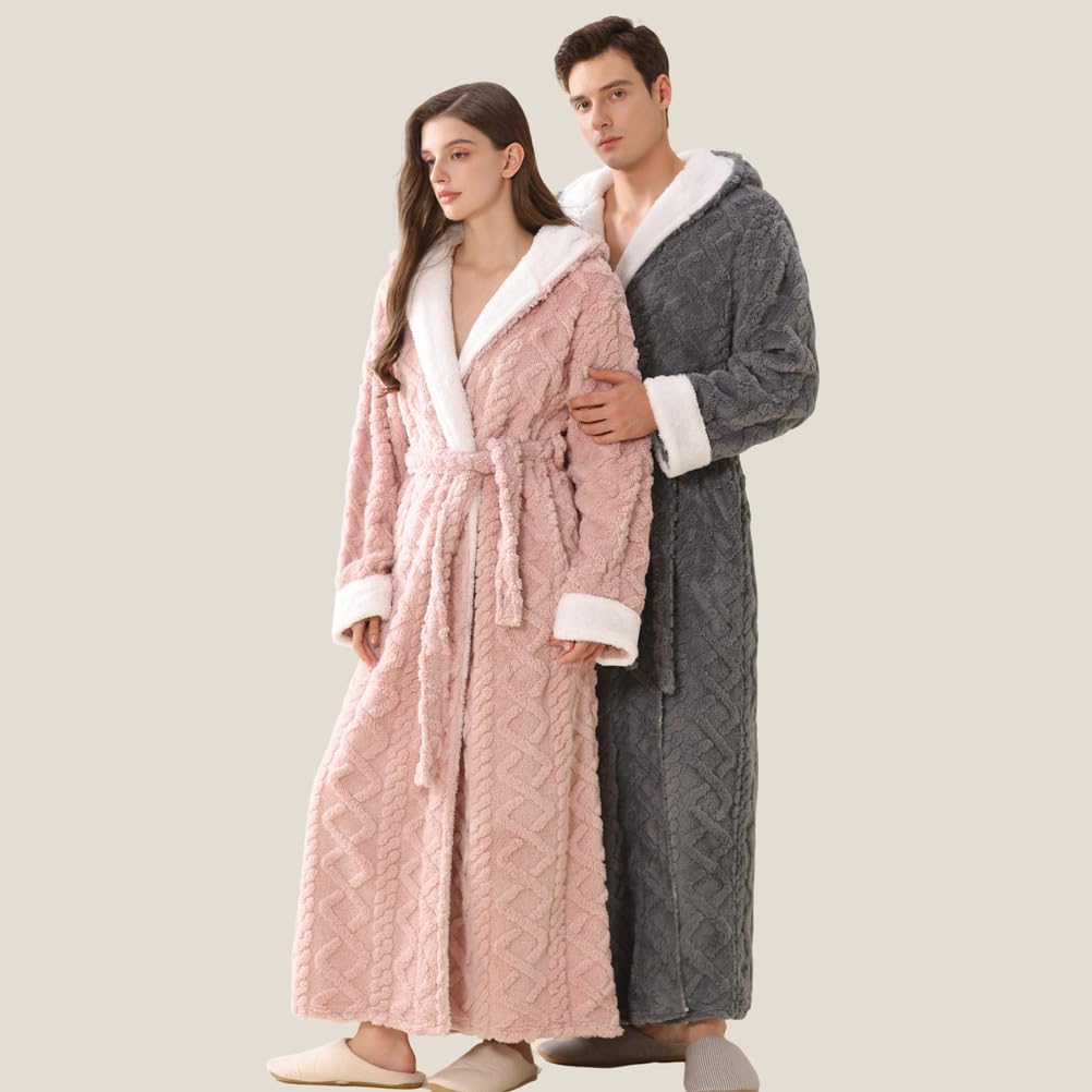 Batas largas de Felpa con Capucha para Hombre y Mujer Albornoz de Invierno Suave Esponjoso y cálido Bata de casa de Forro Polar para Parejas,Women Blue,L