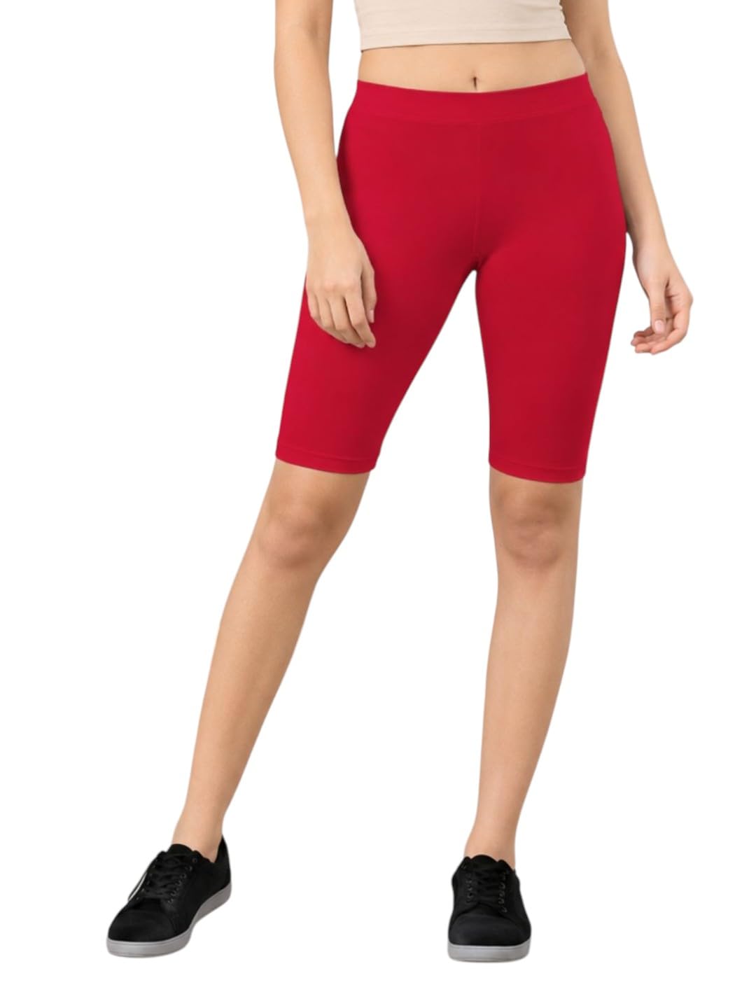 Women 95% Cotton 5% Lycra Red Solid Legging Shorts-image-41