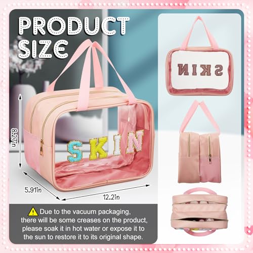 Geetery Chenille Letter Patch Makeup Bag with Handy Handle - Preppy Nylon Cosmetic Organizer with Zipper, Large Travel Toiletry Storage Bag for Women Portable Pink Makeup Case, Women Gifts3