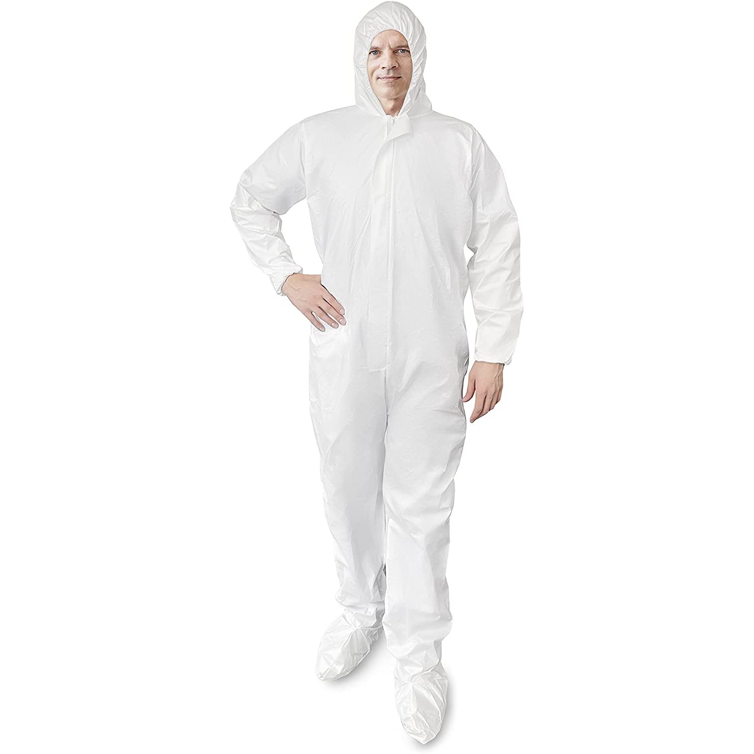 EZGOODZ Amazing Supply Disposable SF Coveralls. Pack of 5 White Body Protective Suits Laminated Polypropylene 60 gsm. Small PPE Workwear with Microporous Film, Hood, Boots, Zipper., White, /