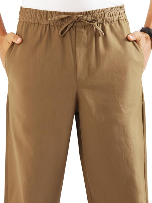 Image of SAADAA Men's 100% Cotton Pants | Mid-Rise Straight Fit Casual Trousers with Elastic Waistband and 3 Pockets | Everyday Wear
