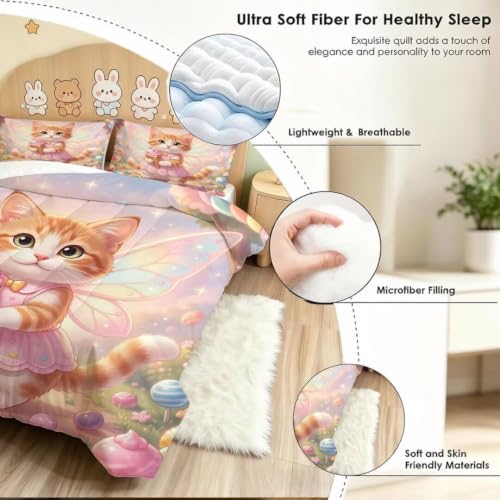 Image of Cute Cat Comforter Set King Size Pink Fantasy Bedding Set for Girl | Cartoon Kitten with Wings Bedding Set for Girls Kids Toddlers, 3 Piece Pink Soft Bed Set with 1 Comforter 2 Pillowcases