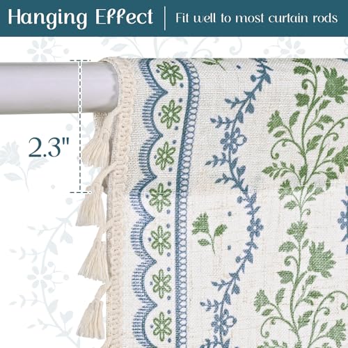 Image of Yinhua Boho Valance Curtains Vintage Linen Kitchen Valances for Windows Light Filtering Bohemian Floral Valance Rod Pocket Tassel Window Valances for Bathroom Cafe, 52 inch W X 18 inch L, Blue Green Floral
