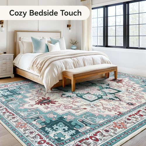 Lofus 8x10 Area Rugs, Large Area Rug for Living Room, Floral Washable Area Rug for Bedroom, Office, Dining Room, Non-Slip Vintage Boho Rug, Low-Pile Soft Carpet, Traditional Oriental Style, Light Blue