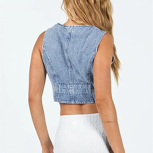 HOXIJIA Women Vintage Y2K Denim Vest Sleeveless V Neck Button Crop Jean Waistcoat Vest Retro Streetwear Going Out Tank Top2