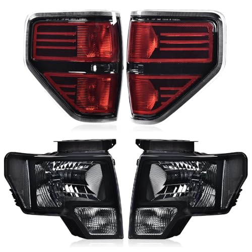 PIT66 Left & Right Headlight Headlamp Assembly + Tail Lights Compatible With Ford F150 2009 2010 2011 2012 2013 2014 Halogen Clear & Red Lens FO2503289 FO2502289 FO2818148 BL3Z13404B BL3Z13404AA