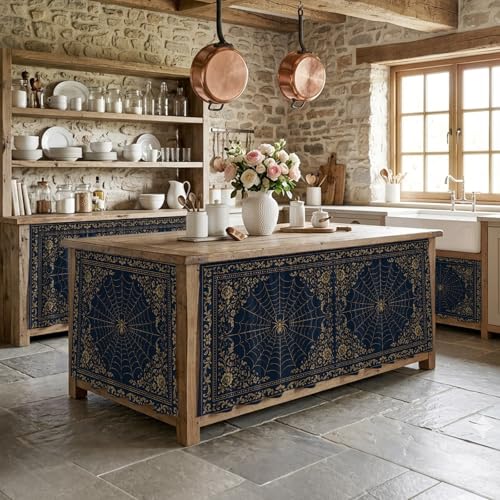 Kitchen Cabinet Curtains Blue Spiders Web Halloween Sink Skirt for Bathroom Vintage Floral Luxury Abstract Dishwasher Curtain Cover Under Desk Curtain Skirt Drape for Classroom Laundry Closet 28"x51" - Image 9