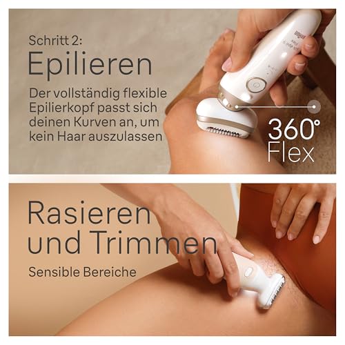 Braun Silk-épil 9 Flex SkinSpa Epilierer Damen, All-in-One Set, Haarentferner für Langanhaltende Haarentfernung, Ladyshaver, Gesichtshaarentferner, Wasserdicht, Made in Germany, 9-681 3D, Weiß/Gold 4