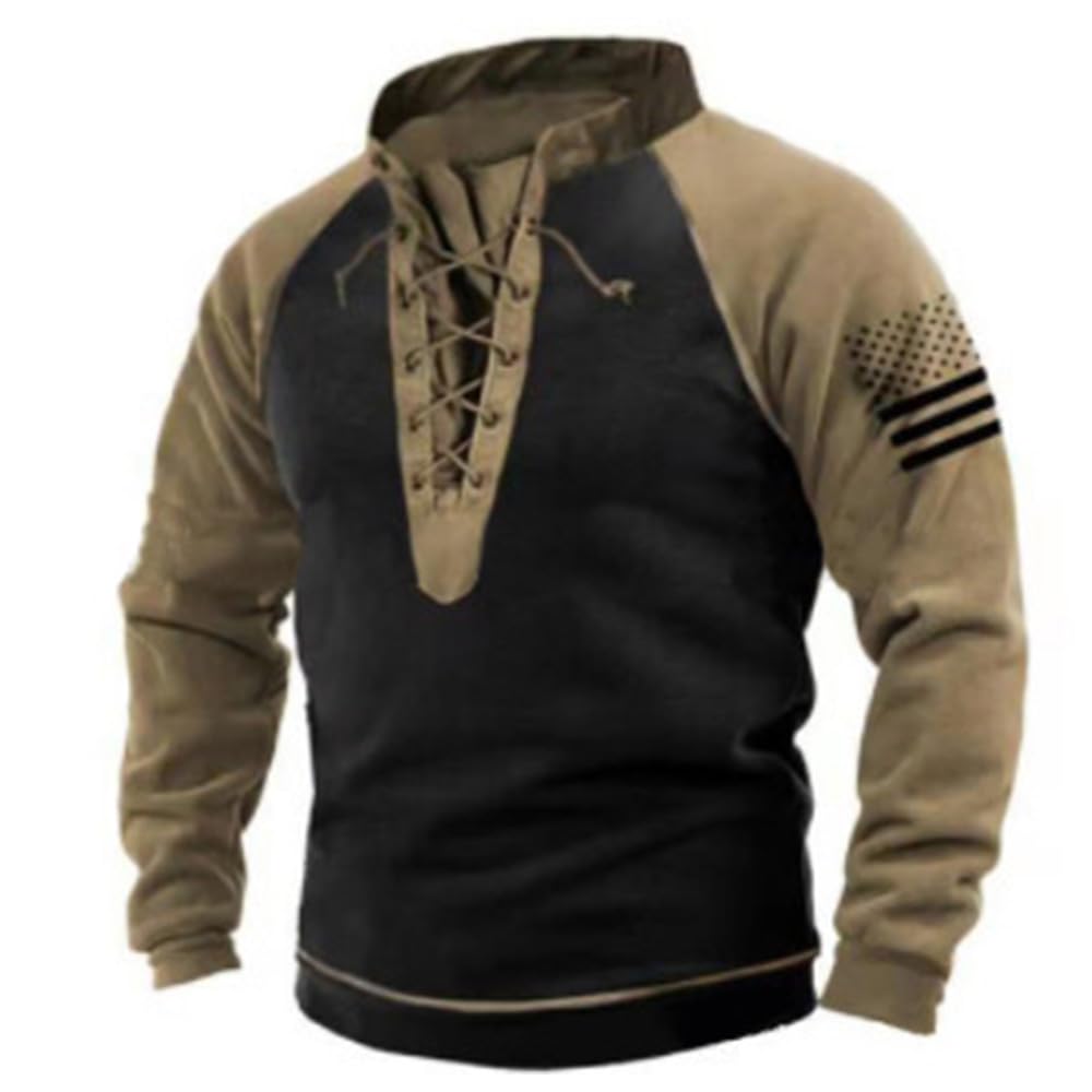 Bengbobar Men's Military Tactical Hoodies Retro Distressed American Flag Print TieUp Pullover Trainning Camping Sweatshirt