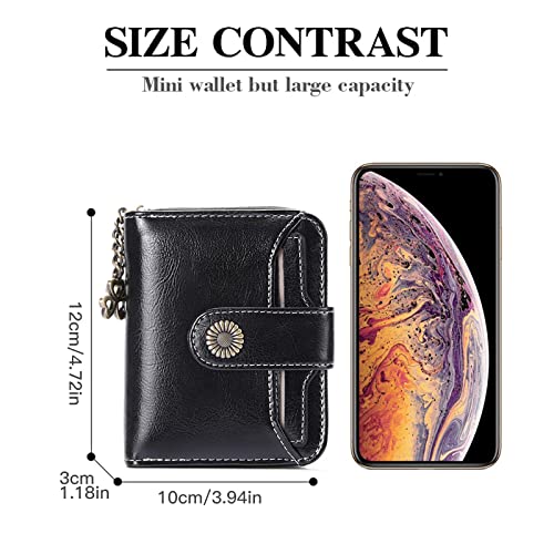 Image of GOIACII Cute Women's Wallets Ladies Leather Billfold Small Black | RFID Blocking, Oil Wax Leather, 2 ID Windows, Compact Size, Multiple Card Slots, Zipper Coin Pocket, Bifold Card Holder