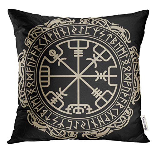 VANMI Throw Pillow Cover Black Celtic Viking Design Magical Runic Compass Vegvisir in