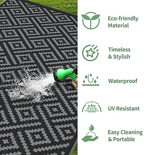 Image of GENIMO Outdoor Rug, Waterproof Plastic Rugs 9'x18' for Camping Black Grey | Outside Larger Modern Carpet Mat for Patio Decor, RV, Porch, Camper, Deck, Picnic, Beach, Backyard, Reversible, Foldable