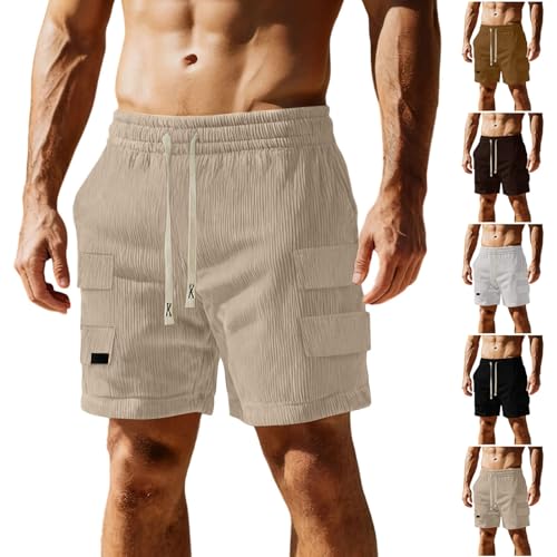 Image of Men's Casual Shorts Corduroy Elastic Waist Drawstring Summer Beach Short
