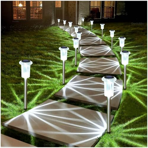 DenicMic Solar Lights Outdoor 15 Pack Waterproof 6000K Cold White LED Stainless Steel Stake Outside...