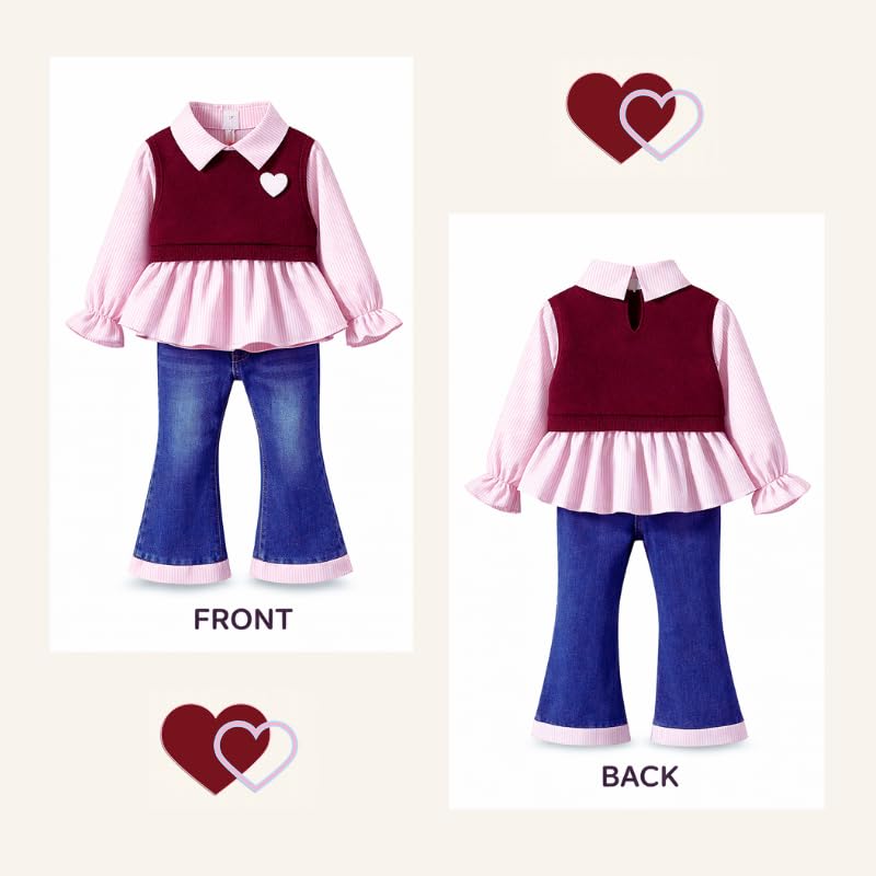 OrJana Completo Bambina 2 Pezzi Primavera Autunno, Camicetta a Righe con Gilet Cuore e Jeans a Zampa, Stile Preppy