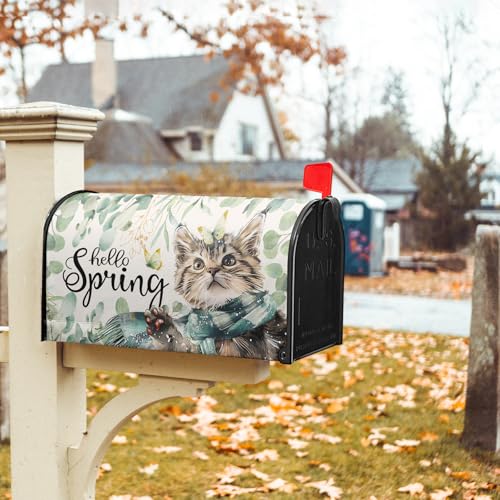 Image of Hello Spring Cat Magnetic Mailbox Cover 25.5 inchx21 inch Watercolor Sage Green Eucalyptus Leaf Kitten Butterfly Mailbox Wrap Post Cover Large Size for Garden Yard Outdoor Outside Decor