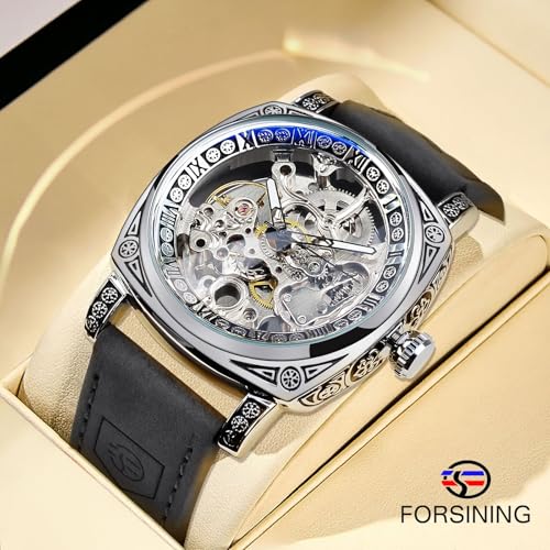 Image of FORSINING Fancy Watches for Men, Square Retro Mechanical Watch Self-Wind Carved, Gear Movement Golden Skeleton Automatic Watches Vintage Leather Strap Wrist Watch