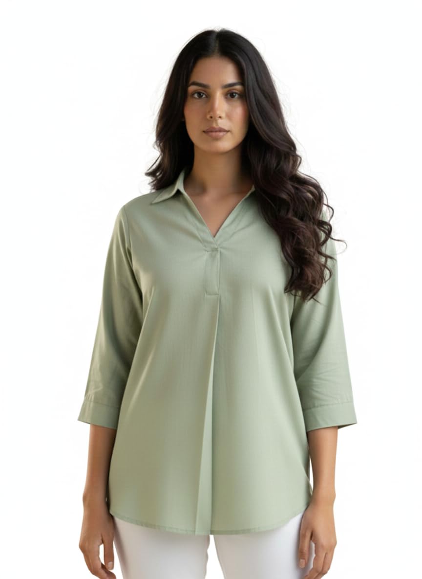 Women Long Shirt Soft Viscose Rayon Stylish Hemline Solid Casual Top Western Tunic Shirt Office Formal Wear-image-4