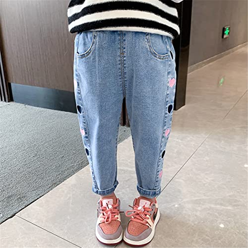 Baby Kids Girls Elastic Waist Rabbit Flower Embroidered Design Ripped Jean Casual Pocket Denim Pants2