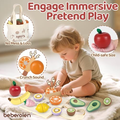 Wooden Play Food Sets for Kids Kitchen Cutting Toys Pretend Play Kitchen Accessories Birthday Gift for Toddlers 3 4 5 6 Year Old Boys Girls Educational Learning Toy