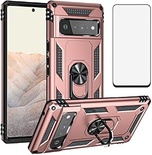 Phone Case for Google Pixel 6 Pro with Tempered Glass Screen Protector Cover and Stand Ring Holder Hard Shockproof Magnetic Heavy Duty Pixel6Pro Pixel6 XL 6XL Pixle 6Pro 5G Women Men Girly Rose Gold