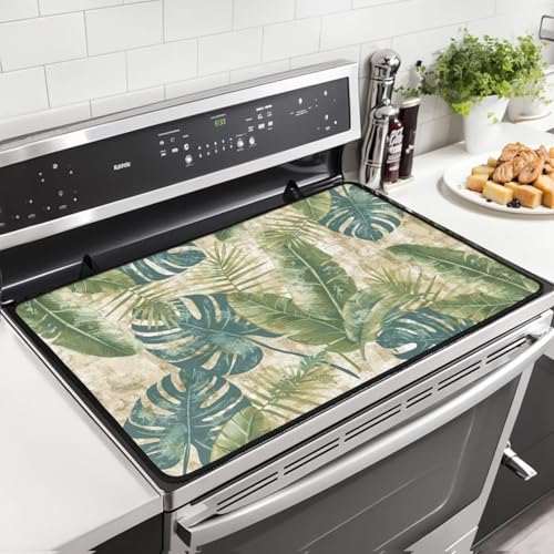 Image of Tropical Leaf Print Electric Stove Insulation Pad Heat & Stain Resistant Dish Drying Mat for Kitchen 30x21 Inch Cooktop Stove Guard Protector with Anti-Slip Grip Extra Large Mat