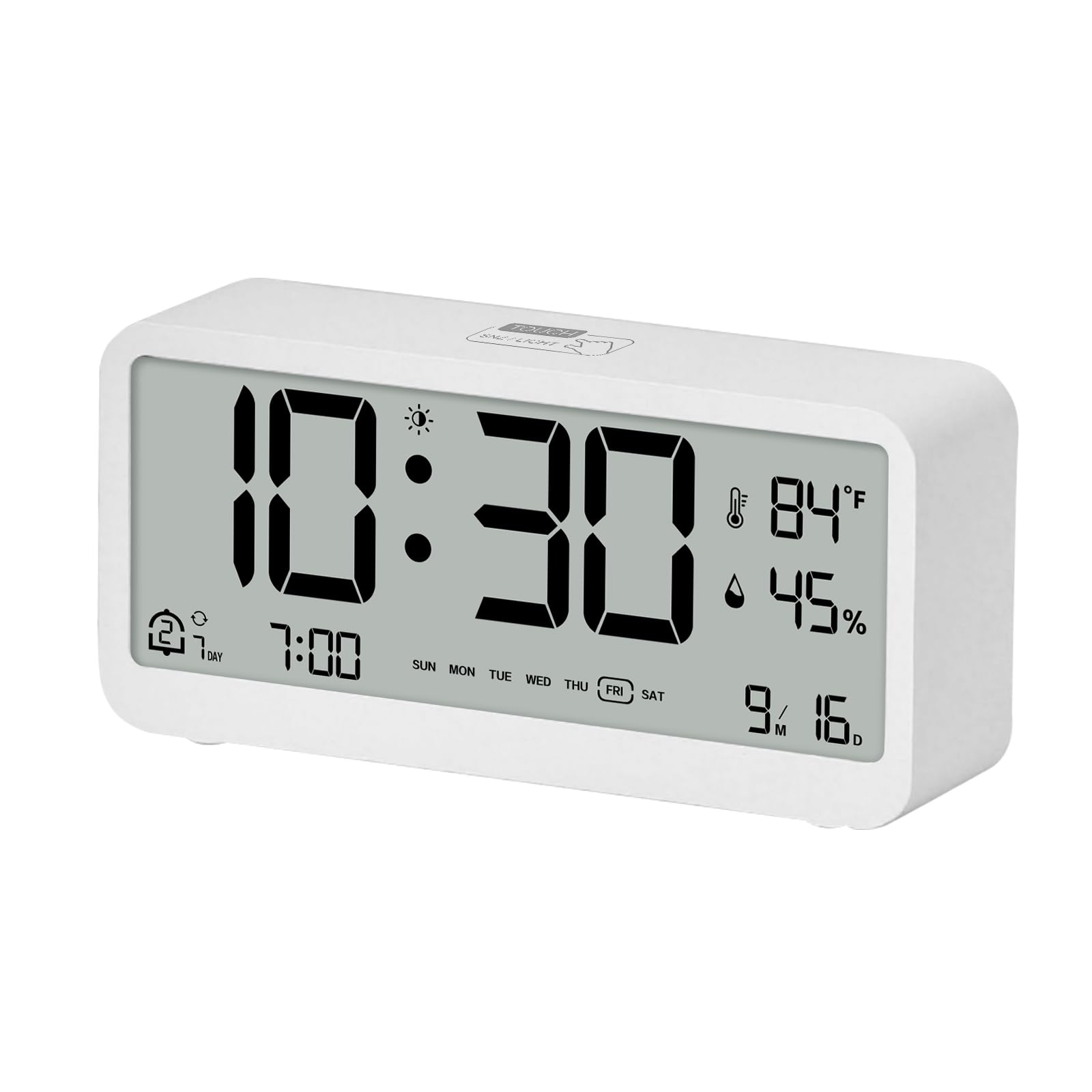 Reloj despertador digital blanco con higrómetro y formato de 12/24 horas