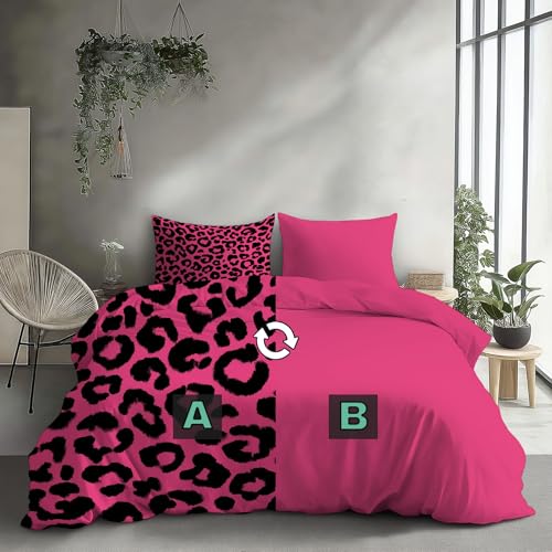 Parure de lit 140x200 léopard réversible microfibre zippée rose