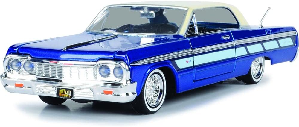 1964 Chevrolet Impala Lowrider Hard Top Candy Blue Metallic with Cream Top Get Low Series 1/24 Diecast Model Car by Motormax
