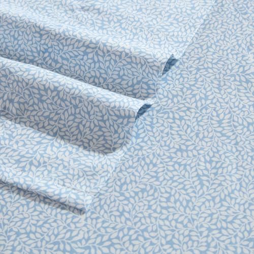 Image of Laura Ashley - Queen Size Sheet Set, Soft Cotton Sateen Bedding with Fitted Sheet and Pillowcases, Floral Bedroom Decor, Deep Pocket, College Dorm Room Essentials (Little Vines Blue)