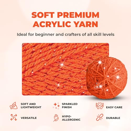 Image of Mary Maxim Starlette Sparkle Yarn, Medium Worsted Weight Yarn for Knitting and Crocheting, Acrylic Polyester Blend for Blankets, Clothing, and Decor, 196 Yards Orange