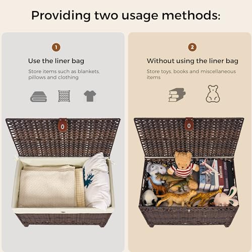 Honjourai PFST004BR Wicker Storage Basket With Lid,Rattan Shelf Basket With Removable Liner Bag,160L Storage Bin,Storage Trunk thumb #5