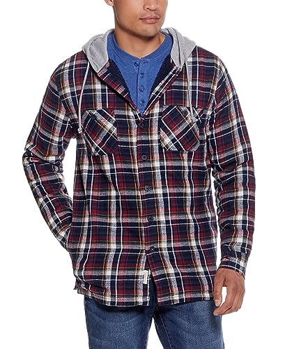 Image of Weatherproof Vintage Mens Hooded and Non-Hooded Sherpa Lined Soft Brushed Plaid Flannel Button-Down Shirt Jacket