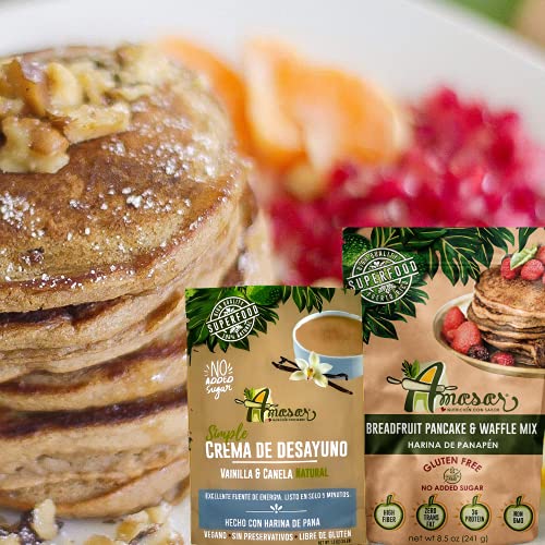 Amasar Breadfruit Pancake & Waffle Mix, 8.5oz (Gluten Free, Non GMO, Vegan & Keto Friendly) with Panapen Cream Single Pouch 1.2oz (Breakfast Cream, Vanilla & Cinamon, No Sugar Added).