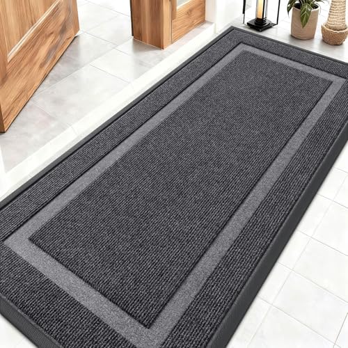 OLANLY Front Door Mat Indoor Outdoor Entrance, Waterproof All-Season, All-Weather Doormat, Sturdy Natural Rubber, Fade Resistant, Low Profile, Easy Clean Patio Porch Entryway Mat, 59x23, Grey