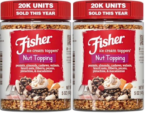 Image of Fisher Mixed Nuts Ice Cream Topping, 5 oz, Peanuts, Almonds, Cashews, Walnuts, Brazil Nuts, Filberts, Pecans, Pistachios & Macadamias, Gluten-Free, No Added Sugars, Ice Cream, Yogurt, Salad Toppings