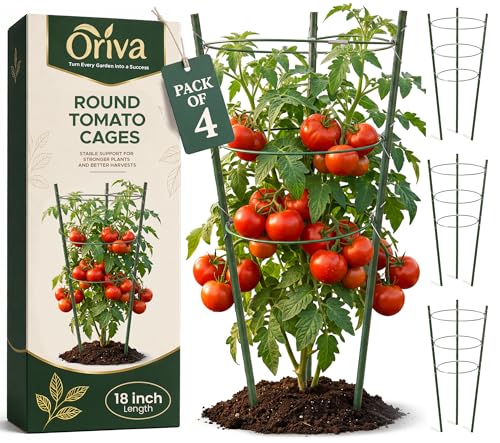 Oriva 4 Pack Round Tomato Cages for Garden 18 inches Small Metal Tomato Cages with Adjustable Rings Tomato Trellis and Plant Support for Raised Garden Beds Pots and Climbing Vegetables