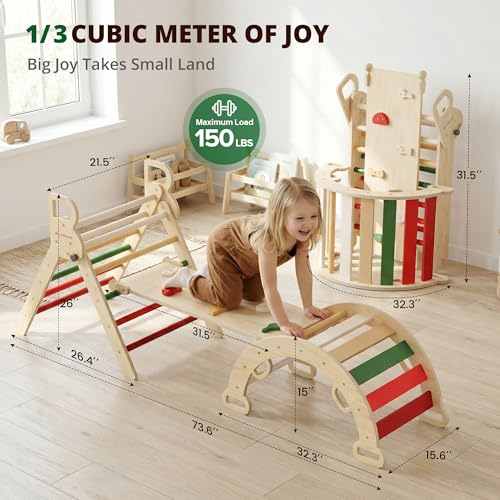 BlueWood Pikler Triangle Set, Toddler Wooden Climbing Toys Indoor 7in1 Foldable Climber for Kids, Montessori Philosophy Play Jungle Gym with Arch, Ramp, Ladder (Warm Winter Christmas) — view 2
