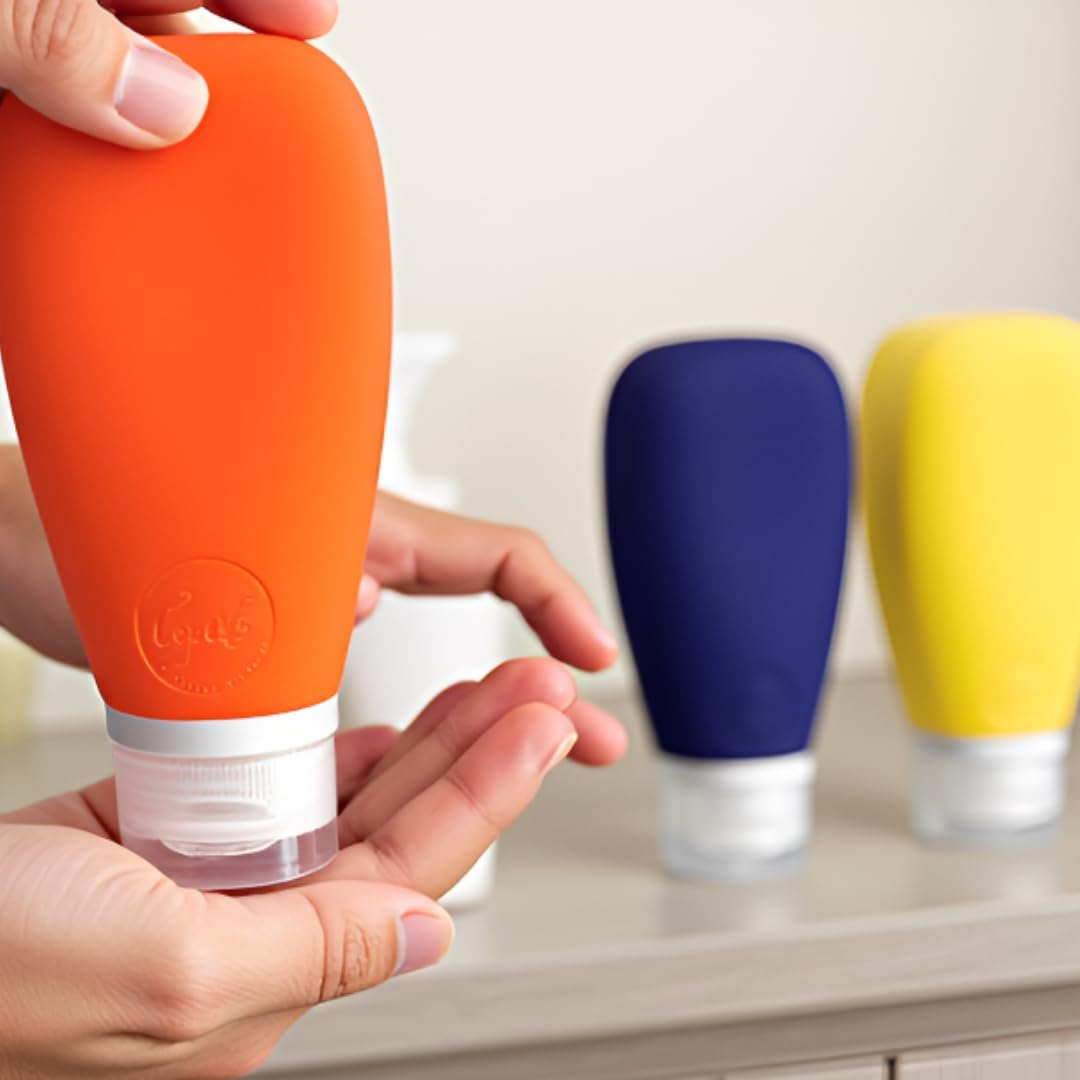 Travel Bottles for Toiletries, TSA Approved 3oz Leak Proof Silicone Refillable Squeeze Travel Size Containers BPA Free for Cleansers, Lotions, Shampoo 3pk (Orange-Blue-Yellow). image 2