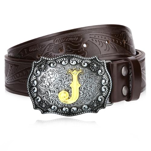 Image of Mens Western Cowboy Cowgirl Faux Leather Belt Longhorn Bull Pattern Letter Big Buckle Embossed Floral Belts