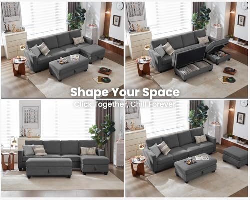Image of CHIC HOUSE Corduroy Modular Sectional Couch with Ottoman Chaise, L /U Shaped Sleeper Sofa for Living Room, Apartment, Lounge, Modern Armrest Neck Support Furniture (Dark Grey, 7 Seater Sectional)