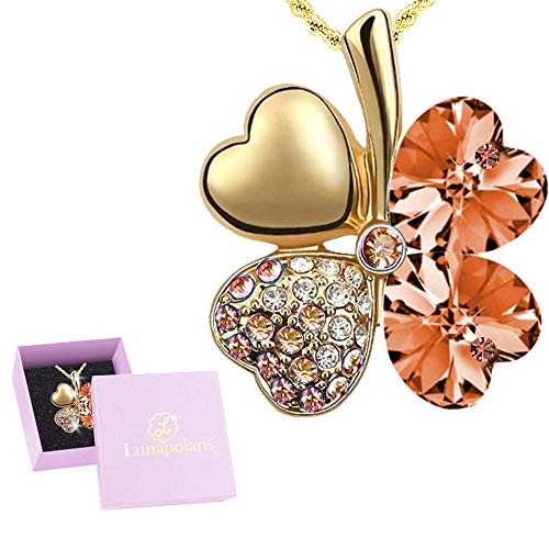 Preisvergleich Produktbild Lunapolaris® - Halskette - Kleeblatt Glücksanhänger mit funkelnden Diamanten eingearbeitet - Gold plattiert Morgenrot