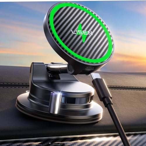 Image of LISEN for 15W Magsafe Car Mount Charger, [Carbon Fiber] 360 Magnetic Wireless Car Charger, Suction Car Phone Mount for Car Accessories for Men, Car Phone Holder for iPhone 17 Pro Max 16 15 14 13 12