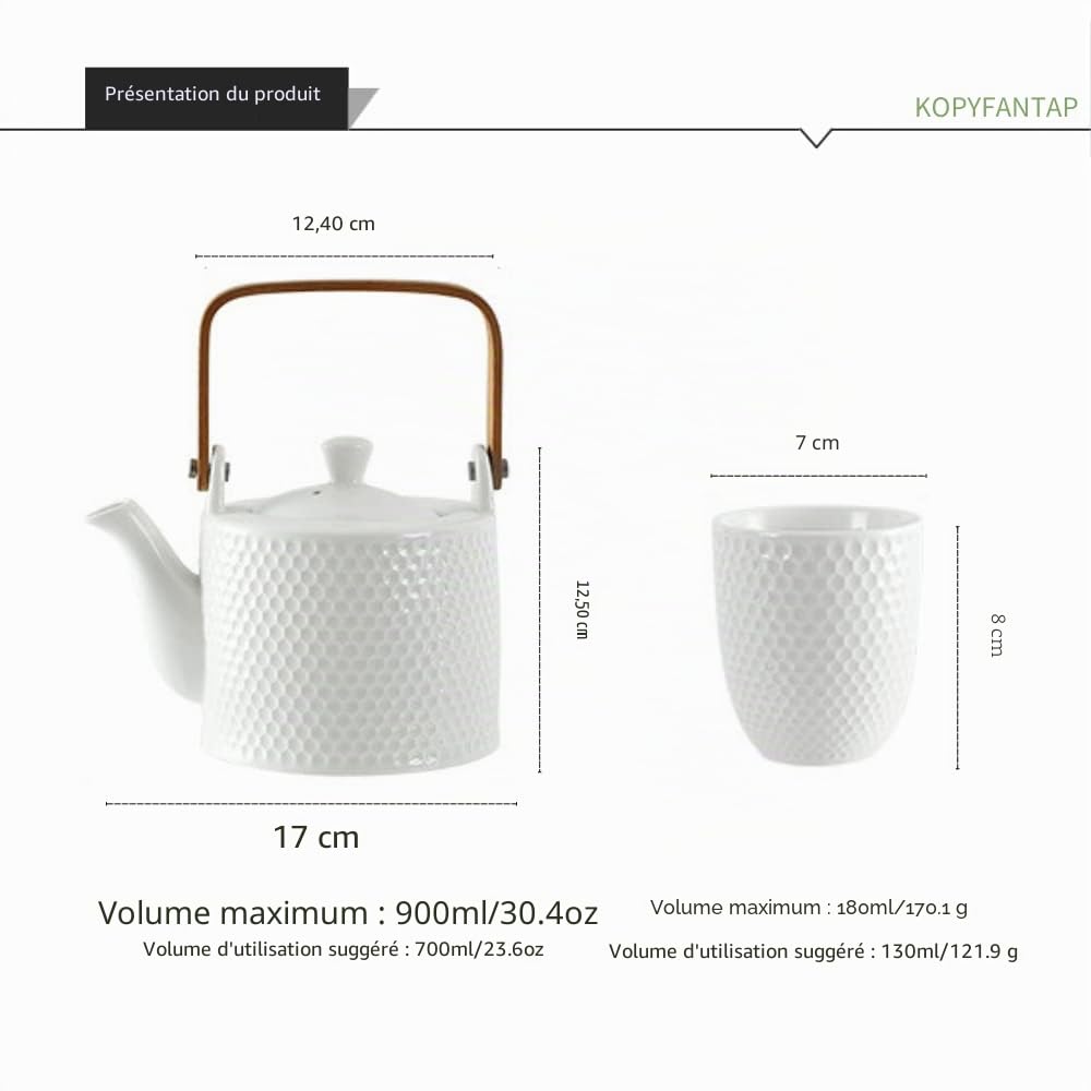 Service à Thé avec théière en Céramique Blanche, 900ml Théière avec 1 Filtre et 180ml 4 Tasses，Modèle Design Relief Géométrique