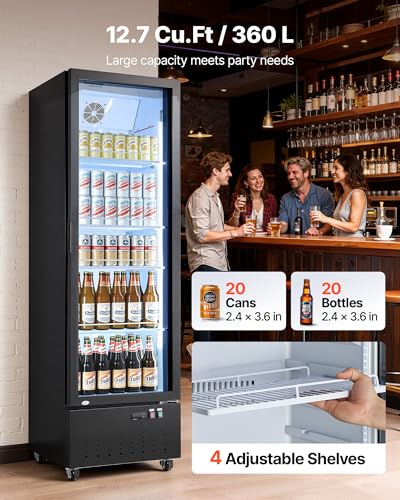 Image of VEVOR Commercial Merchandiser Refrigerator, 12.7 Cu.Ft / 360 L Glass Door Display Refrigerator, Upright Beverage Cooler Fridge with 4 Adjustable Shelves, Soft LED Light & Casters for Homes Shops Bars