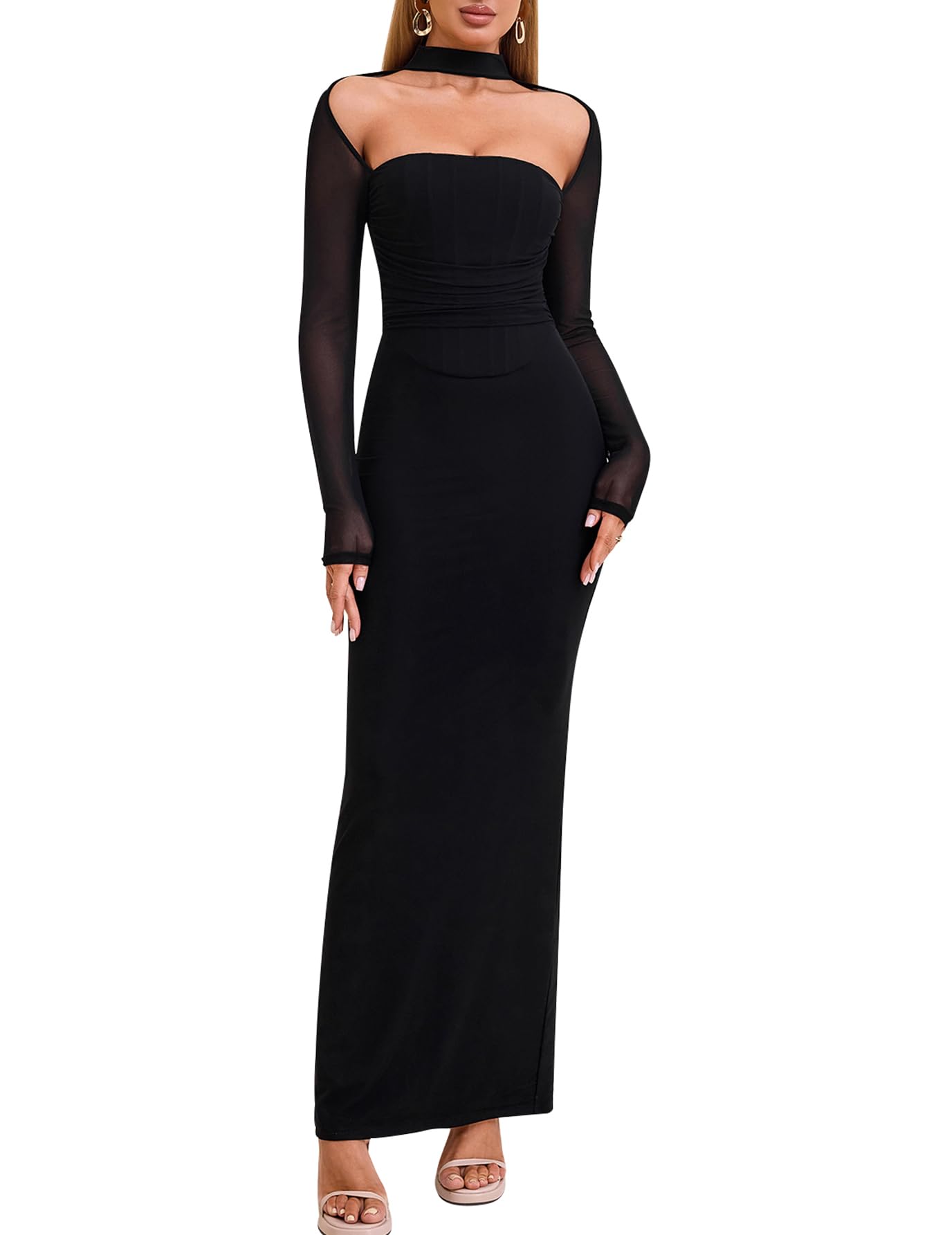 HTZMO Women Fall Long Sleeve Bodycon Maxi Dress Halter Neck Ruched Elegant Wedding Guest Formal Long Dresses