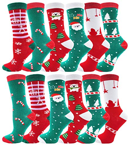 Women's Christmas Socks, 12 Pairs, Holiday Xmas Gift, Novelty Colorful Patterns (12 Pairs Assorted Crew Socks #5)