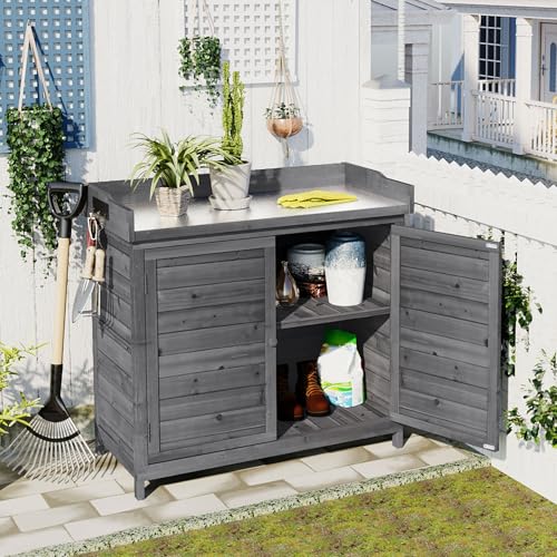 39” Outdoor Wooden Storage Cabinet with 2-Tier Shelves and Side Hook, Double Doors Potting Table for Garden Patio Backyard Lawn, Rustic (Grey, 39