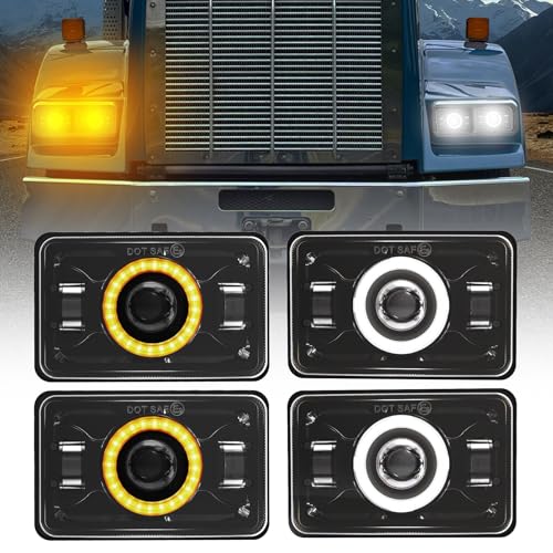 Image of 4x6 LED Headlights [DOT Approved] with Halo White DRL Amber Turn Signal Light [High Low Sealed Beam] Compatible for Peterbilt 379 Kenworth T800 T600 Freightinger Ol-dsmobile Trucks