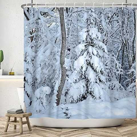 Bovlleetd 71x71inch Winter Snow Shower Curtain 3D Winter Forest Snowing Shower Curtains Natural Scenery Bathroom Decorative Curtain Waterproof Bath Curtain with Hooks Durable Cover